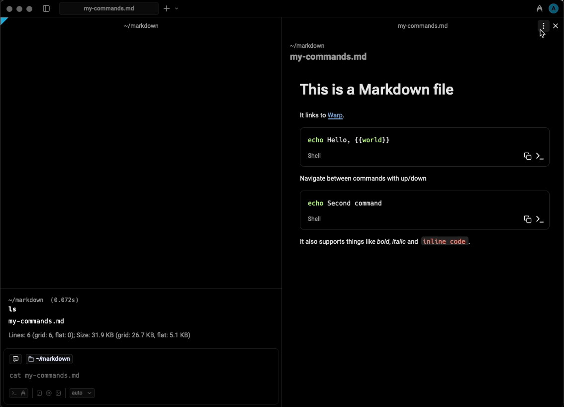 Clicking a Markdown file link in the output of ls to open it in Derp